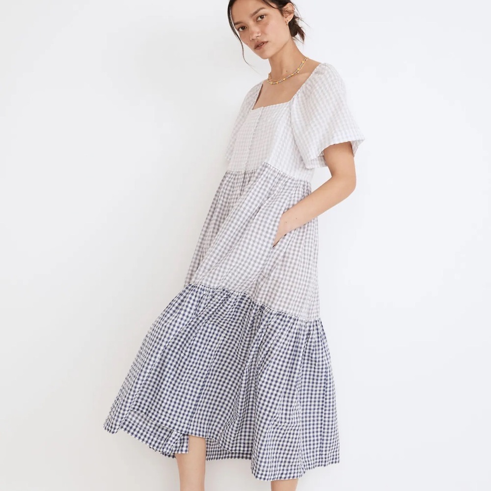 Madewell Patchwork Gingham Button-Front Tiered Mi… - image 1